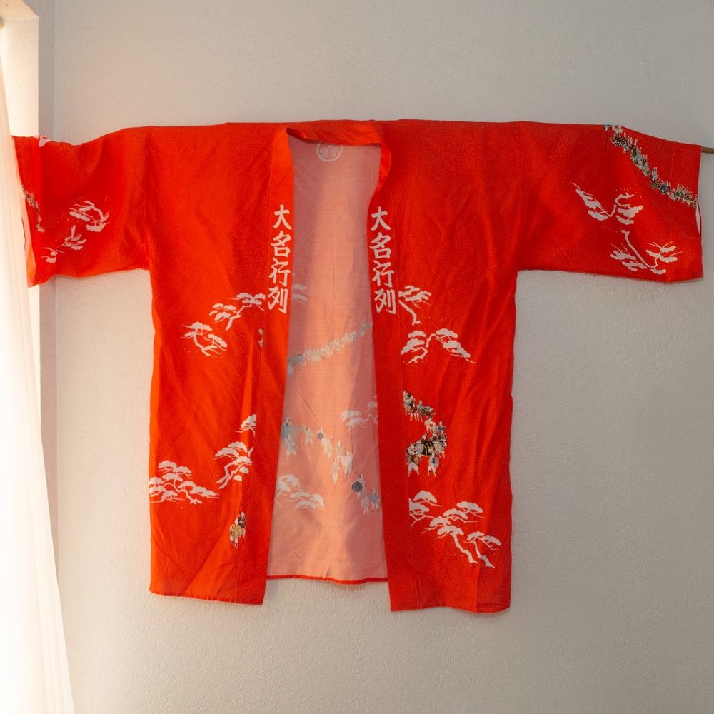 Kimono, vintage, hand painted in Japan. Orange fabric.